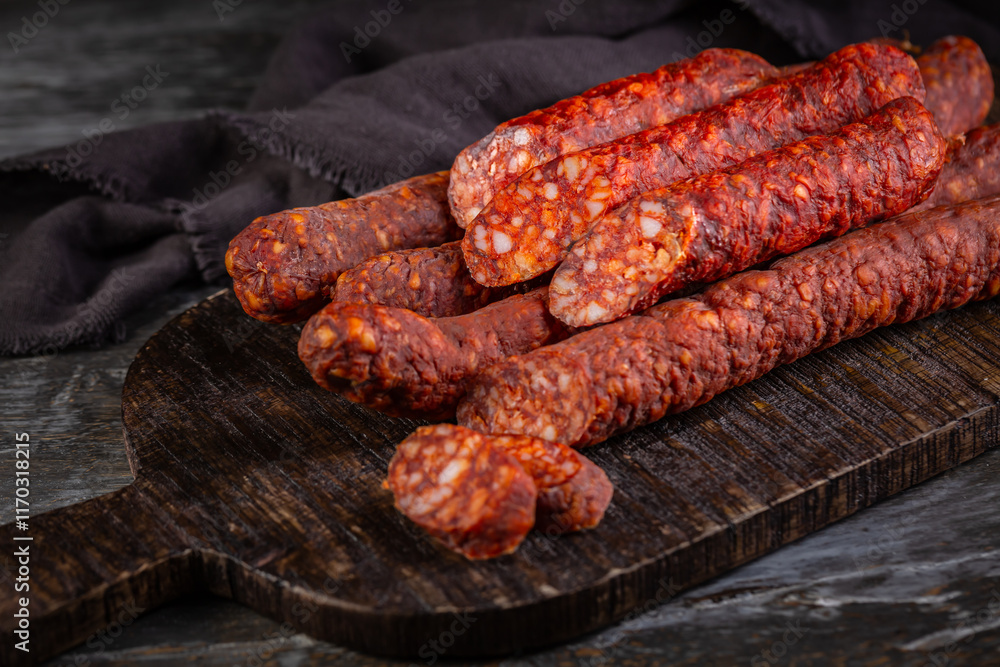 Fototapeta premium Smoked paprika sausage sticks on a wooden board, appetizer and charcuterie s