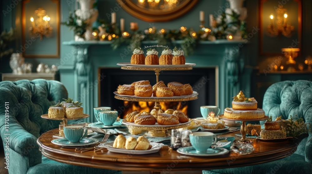 Elegant dessert display with tea in a cozy setting. Elegant dessert display with tea in a cozy setting.