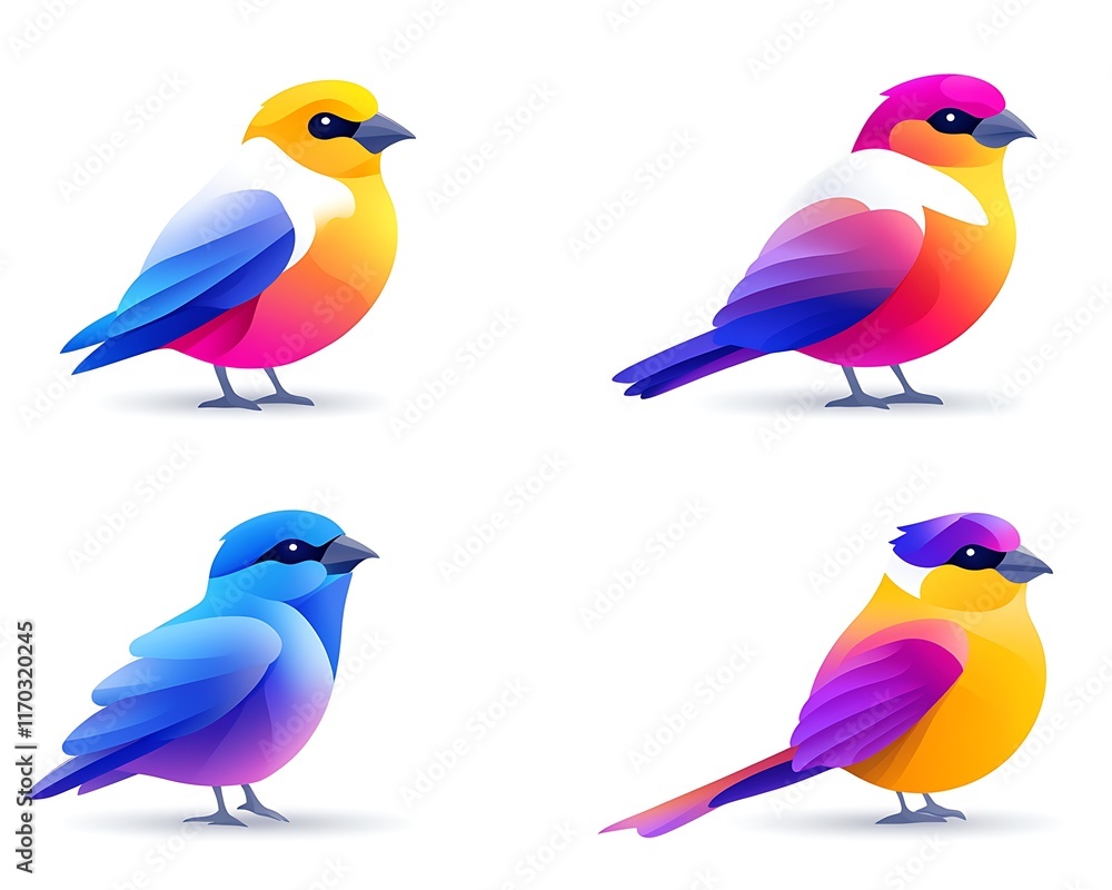 Obraz premium Four vibrant, stylized birds in blue, pink, yellow, and purple gradient colors, isolated on white background.