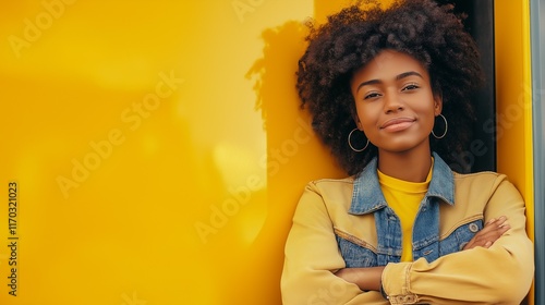 Smiling woman in denim jacket and yellow shirt outdoors.