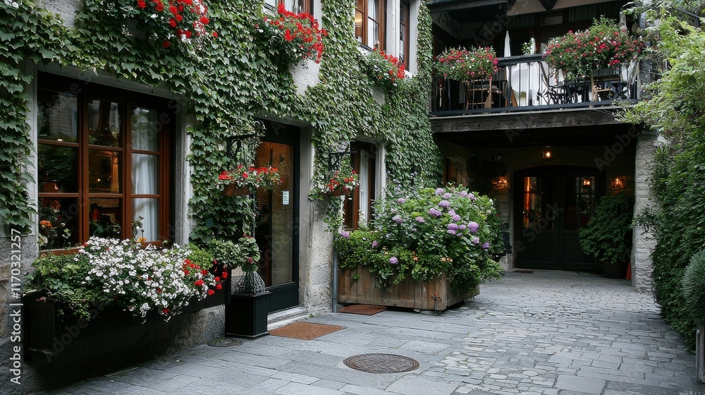 Fototapeta premium Charming countryside inn with ivy-covered walls quaint courtyard picturesque setting rustic vibes scenic viewpoint