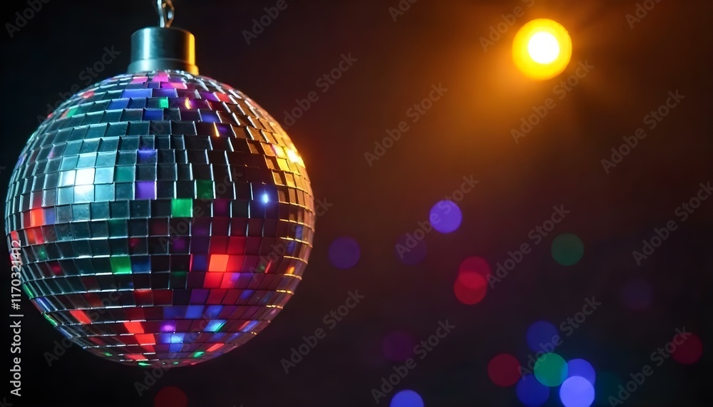 Obraz premium Colorful Reflective Disco Ball Illuminated by Multicolored Lights and Spotlight Glow