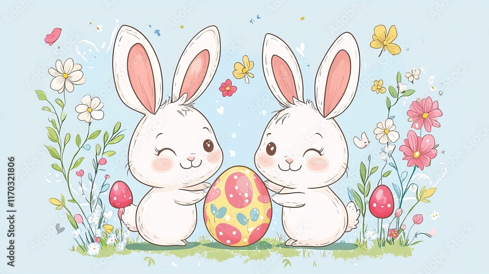 Adorable Easter bunnies in cartoon style. Happy couples with festive eggs, chicks, and blooms. Perfect for Easter cards, stickers, banners, or packaging. Kawaii hares bring festive cheer. Adorable Easter bunnies in cartoon style. Happy couples with festive eggs, chicks, and blooms. Perfect for Easter cards, stickers, banners, or packaging. Kawaii hares bring festive cheer.