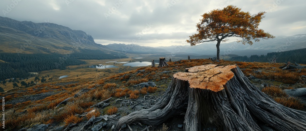 Obraz premium Deforested hillside with tree stumps barren landscape nature scenic view environmental impact