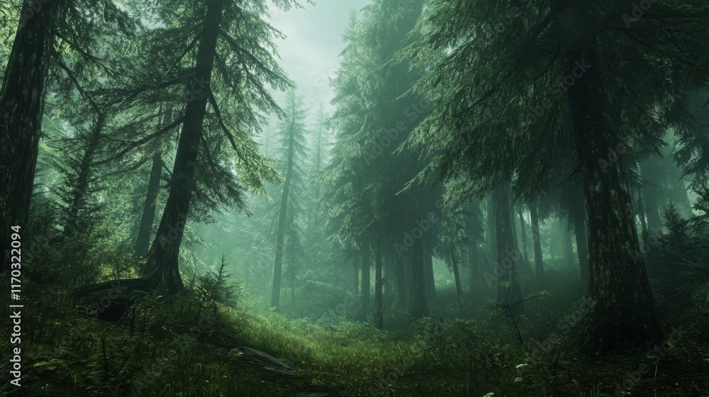 The scene captures the dense, lush green trees shrouded in a mystical layer of fog, creating a serene and tranquil atmosphere. The forest is rich with various shades of green. The scene captures the dense, lush green trees shrouded in a mystical layer of fog, creating a serene and tranquil atmosphere. The forest is rich with various shades of green.
