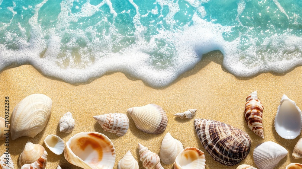 Beautiful Collection of Shells on Sandy Beach with Ocean Waves Beautiful Collection of Shells on Sandy Beach with Ocean Waves