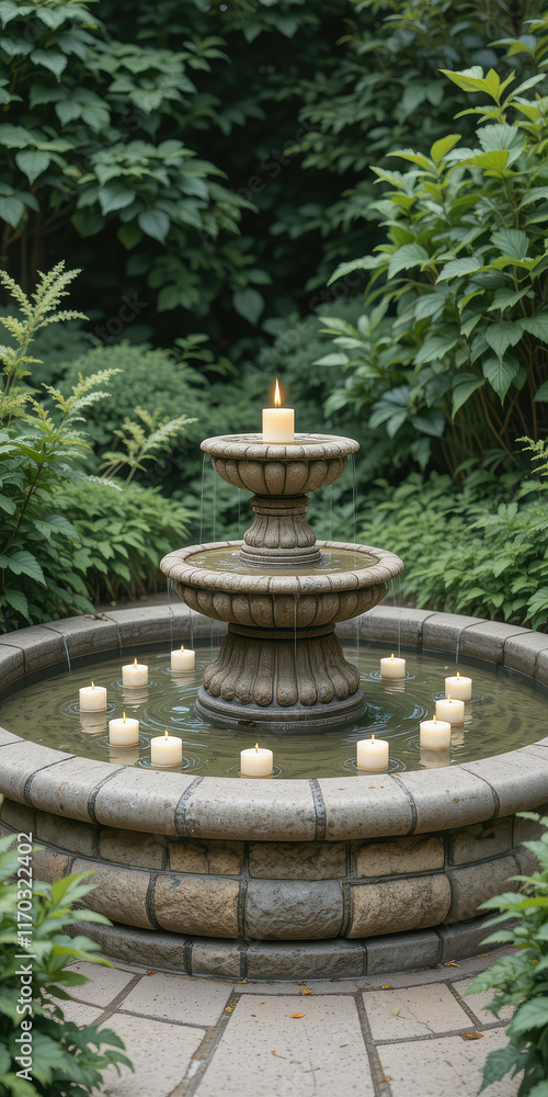 Serene garden fountain surrounded by greenery and floating candles. Serene garden fountain surrounded by greenery and floating candles.