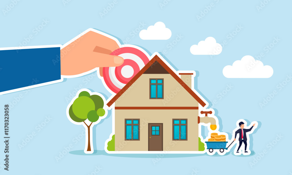 A hand inserts a target board into a house while a businessman collects dollar coins from a house, illustration of achieving business targets directly increasing profit and revenue A hand inserts a target board into a house while a businessman collects dollar coins from a house, illustration of achieving business targets directly increasing profit and revenue