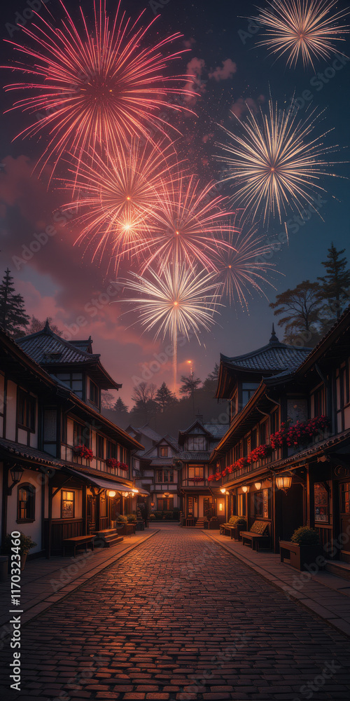 Fireworks illuminate a quaint street lined with traditional buildings. Fireworks illuminate a quaint street lined with traditional buildings.