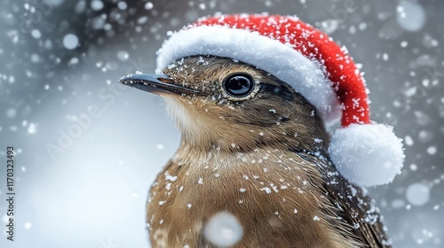 Snowy Christmas bird, winter hat, snowfall background, holiday card photo