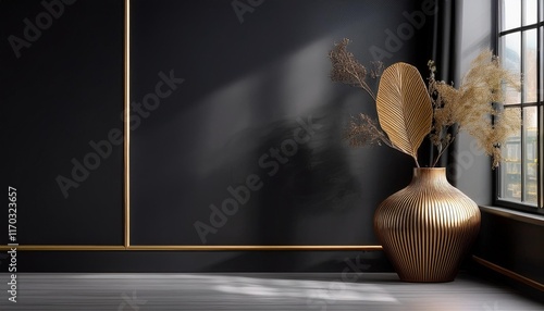 Empty Black Wall Mockup in Art Deco Interior with Ceramic Vase. Natural Daylight From a Window. Promotion Background.