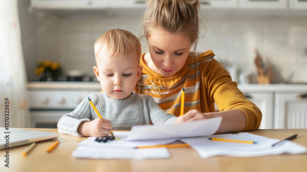 A mother and child engaged in creative activities at a table, drawing and exploring together in a cozy kitchen setting. A mother and child engaged in creative activities at a table, drawing and exploring together in a cozy kitchen setting.