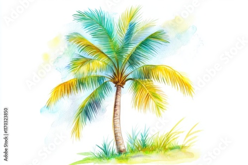 A vibrant watercolor painting of a palm tree, showcasing its lush green leaves and tropical essence, perfect for nature lovers.