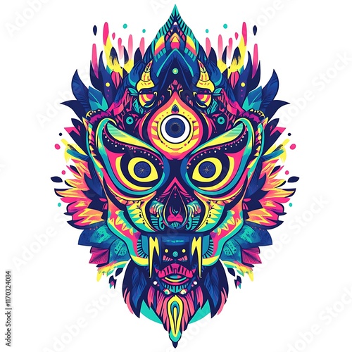 Colorful, intricate tribal mask with feathers.