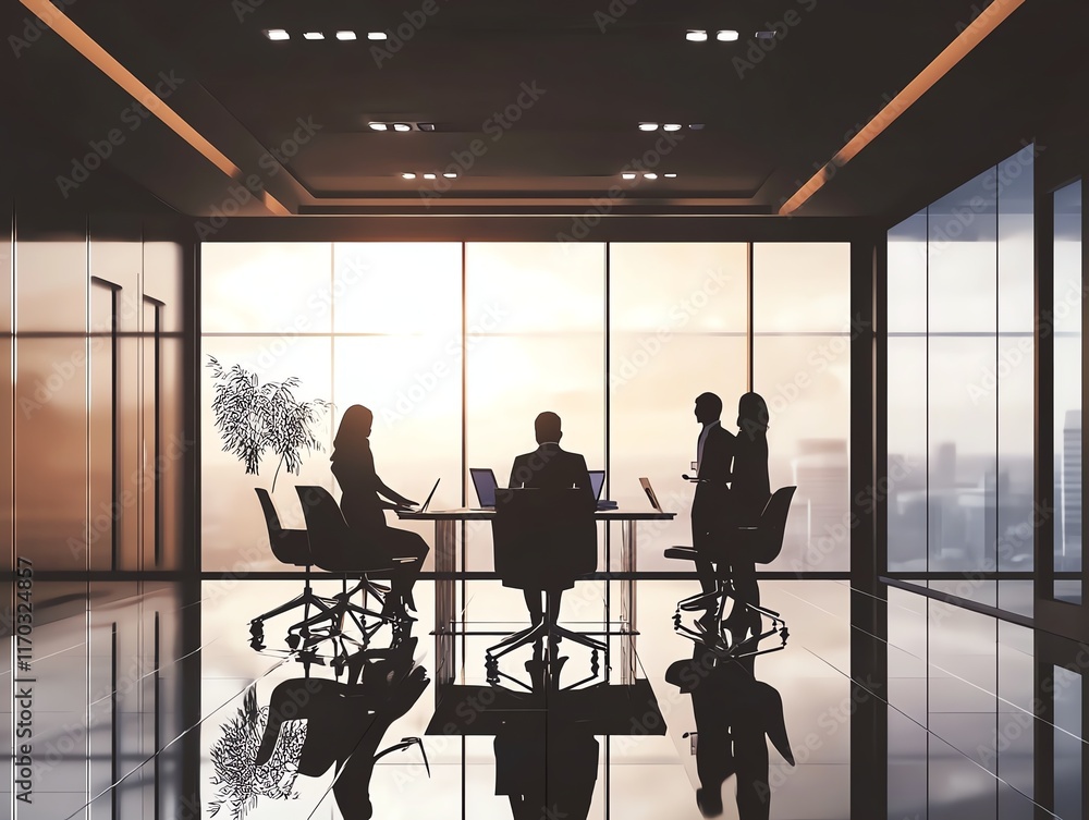 Business team collaboration, focused discussion in stylish meeting room, 3D illustration Business team collaboration, focused discussion in stylish meeting room, 3D illustration