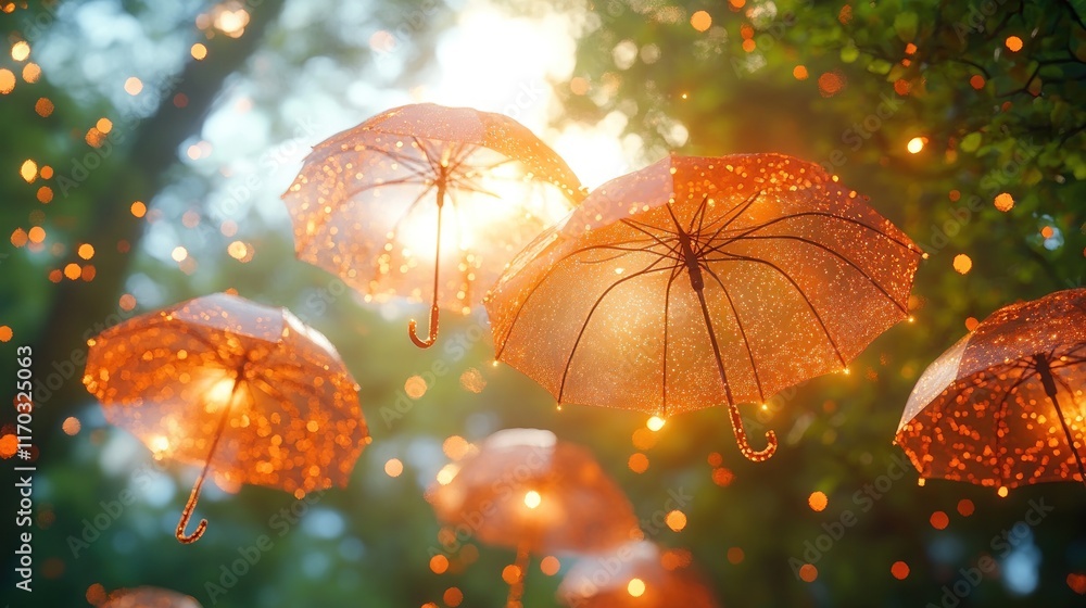 Illuminated translucent umbrellas float in a sunlit forest, creating a magical scene. Illuminated translucent umbrellas float in a sunlit forest, creating a magical scene.