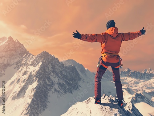 Empowered climber, embracing mountain view with open arms, dynamic scene, 3D illustration photo