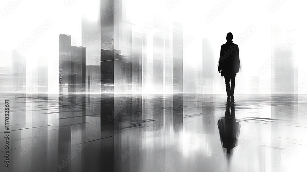 Solitary Figure Walking Through A Modern Cityscape Solitary Figure Walking Through A Modern Cityscape