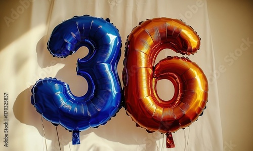 Blue-orange 36th birthday balloons, indoor, sunlight, celebration photo