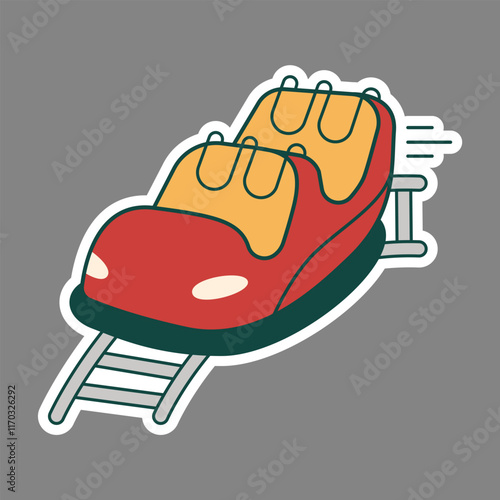 Roller coaster sticker. Riding festive cars on rails. Flat vector illustration in cartoon style isolated on white background.
