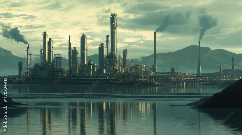 Fototapeta premium A compact oil refinery near a river, with pipelines extending across the water and reflections shimmering on the surface.