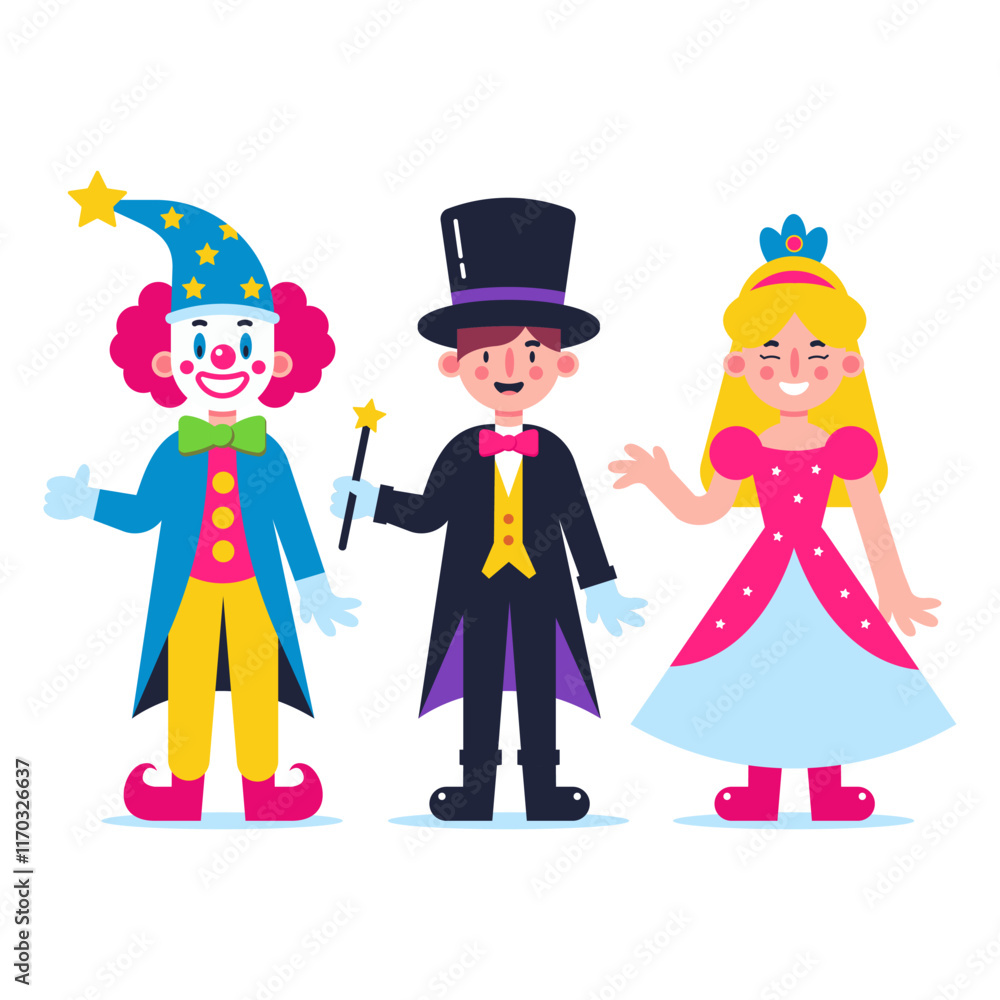 Cute Cartoon Character Set. Clown Magician and Princess. Flat vector illustration isolated on white background. Cute Cartoon Character Set. Clown Magician and Princess. Flat vector illustration isolated on white background.
