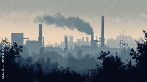 A factory complex emitting heavy smog, with nearby vegetation covered in a layer of ash and a bleak urban background.
