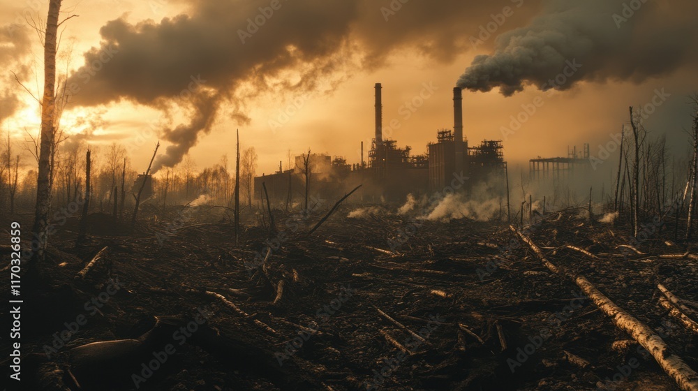 A factory surrounded by dead trees and polluted soil, with thick clouds of smog enveloping the entire area under a dark sky. A factory surrounded by dead trees and polluted soil, with thick clouds of smog enveloping the entire area under a dark sky.