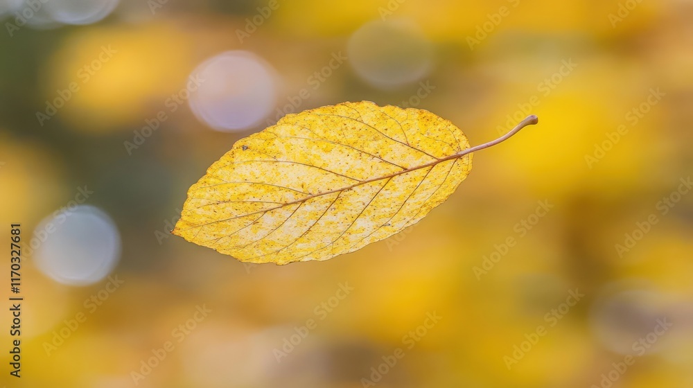 Golden Autumn Leaf: A Single Leaf in Flight Against a Blurred Yellow Background Golden Autumn Leaf: A Single Leaf in Flight Against a Blurred Yellow Background