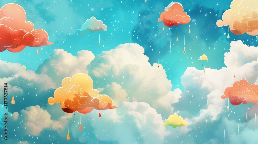 Obraz premium A playful composition of colorful clouds and raindrops in an illustrated dreamy sky.
