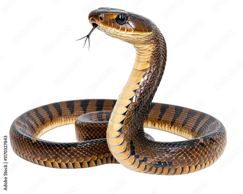 Fototapeta premium Realistic king cobra snake with distinctive patterns and colors, isolated on transparency background, showcasing its striking features and posture