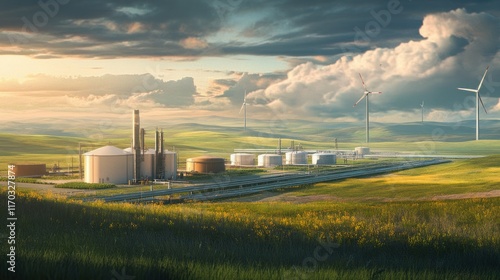 A rural oil refinery with small storage tanks, pipelines crossing green fields, and a distant view of wind turbines on the horizon