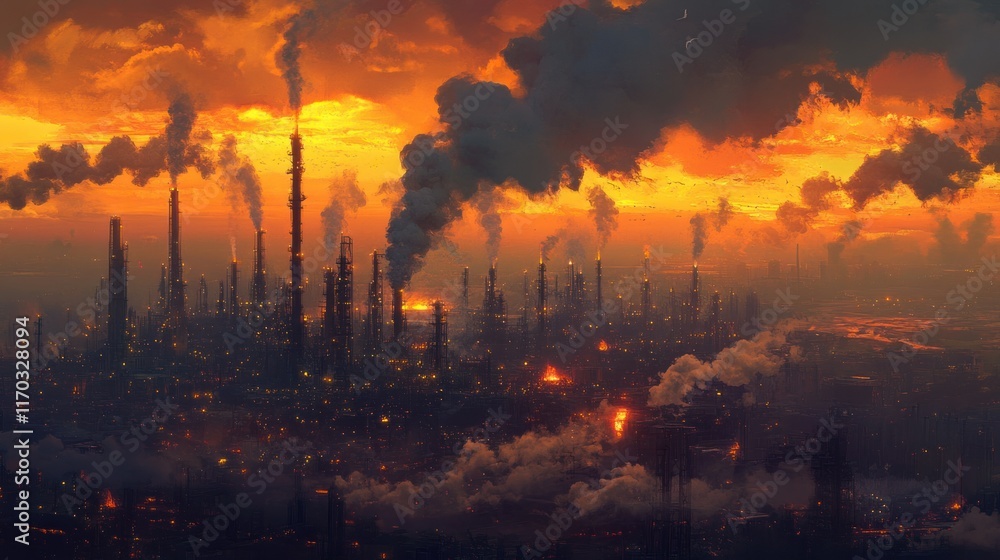 A sprawling oil refinery complex at sunset, with intricate pipelines and towering chimneys emitting smoke, surrounded by industrial infrastructure and a vibrant orange sky A sprawling oil refinery complex at sunset, with intricate pipelines and towering chimneys emitting smoke, surrounded by industrial infrastructure and a vibrant orange sky