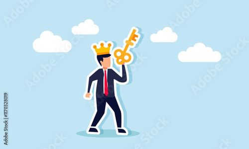 A businessman like a king carries a key, illustration of a leading company offering a product that provides solutions for business market problems photo