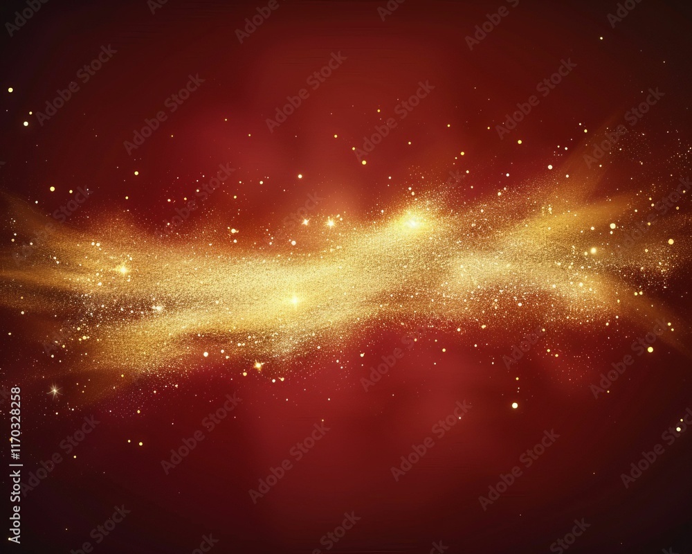 Golden powder dust flying from top to bottom on a dark red background. AI generative Golden powder dust flying from top to bottom on a dark red background. AI generative