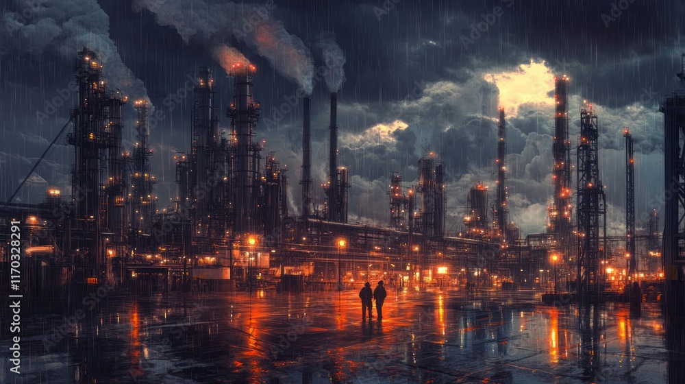 Fototapeta premium A stormy oil refinery scene, with dark clouds overhead, rain falling, and workers navigating the wet, slick industrial site.