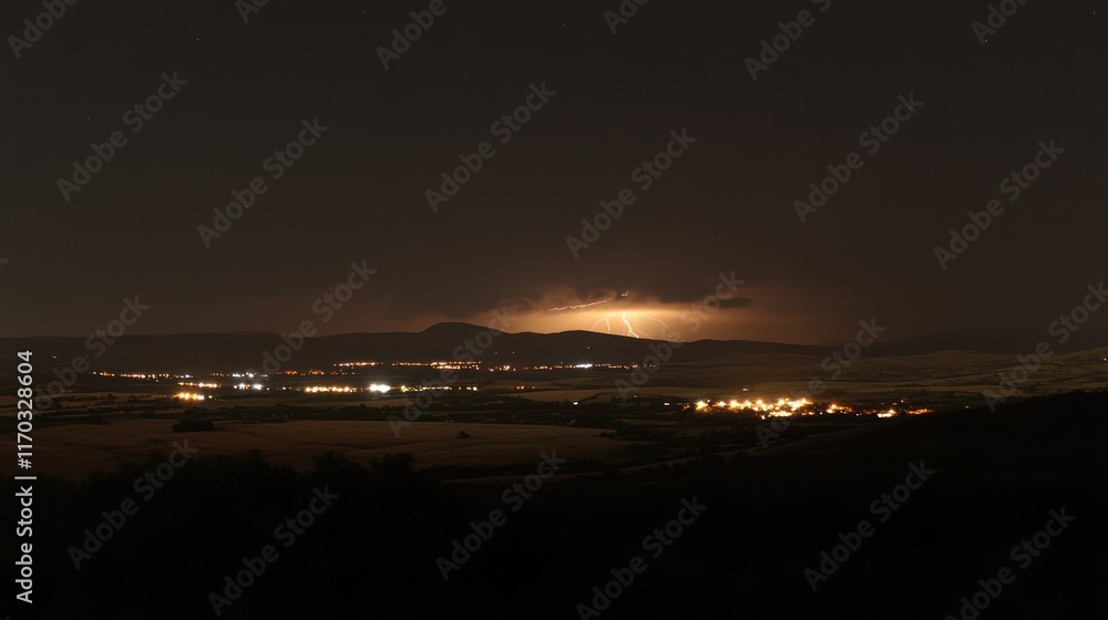 Night Landscape with Lightning Storm over a Small Town Night Landscape with Lightning Storm over a Small Town