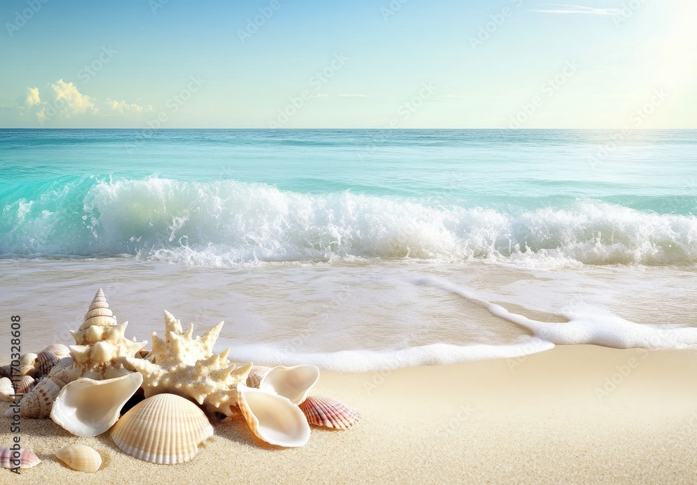 Serene Beach with Seashells and Gentle Waves Under Clear Sky Serene Beach with Seashells and Gentle Waves Under Clear Sky