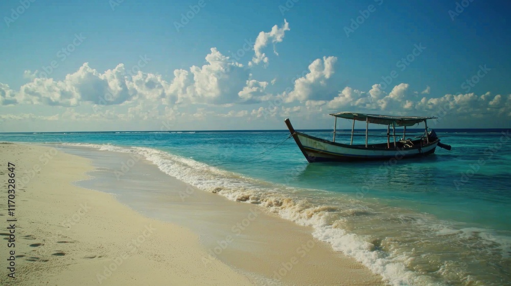 Tranquil beach scene with a boat on clear blue water. Tranquil beach scene with a boat on clear blue water.