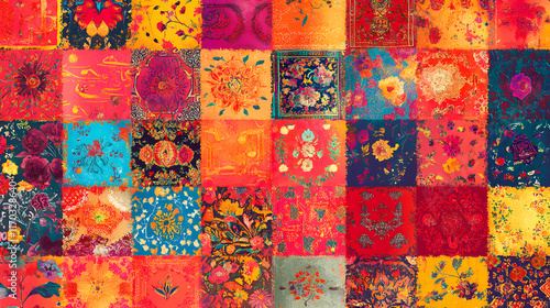 Colorful hand-drawn vector patchwork quilt pattern with Indian, Arabic, and Turkish motifs for fabric or paper