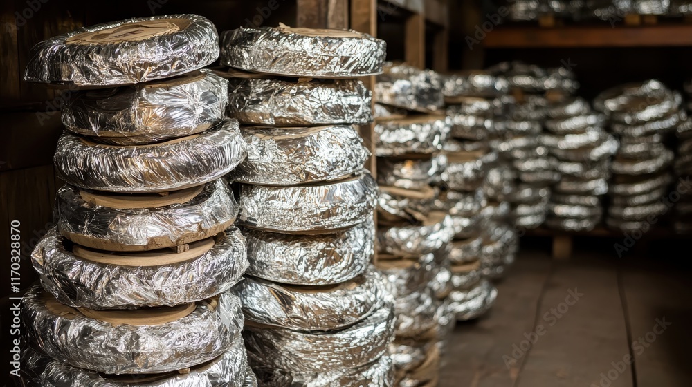 Foil-Wrapped Items Stored in a Wooden Warehouse Foil-Wrapped Items Stored in a Wooden Warehouse