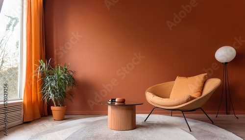 Empty Burnt Orange Wall Mockup in Mid Century Modern Interior with Lounge Chair and an Oval Coffee Table. Natural Daylight From a Window. Promotion Background.