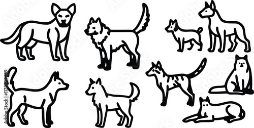 Collection of pet icons drawn with contour line on white background. Set of domestic animal linear symbols