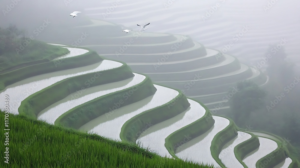 Fototapeta premium Serene Rice Terraces with Misty Atmosphere and Tranquil Landscape