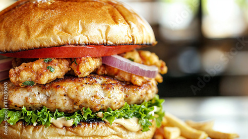 The image shows a close-up of a delicious-looking chicken sandwich with crispy chicken, lettuce, tomato, onion, and a tangy sauce, served alongside crispy fries photo