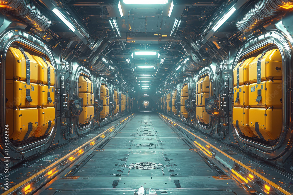 Obraz premium Futuristic metallic corridor interior spaceship.