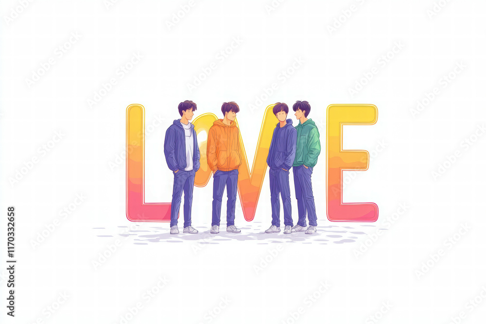 Four young men stand together, smiling, with the colorful word Four young men stand together, smiling, with the colorful word