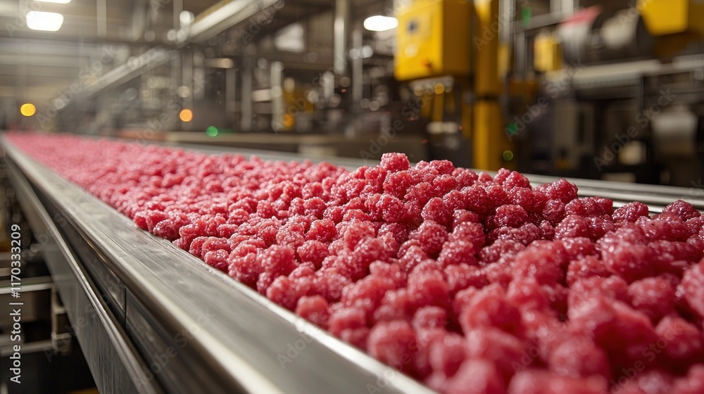 Conveyor belt filled with raspberries in a factory. Conveyor belt filled with raspberries in a factory.
