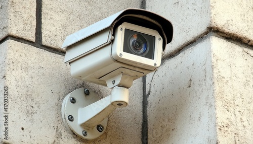 Security camera mounted on building wall, urban background, surveillance