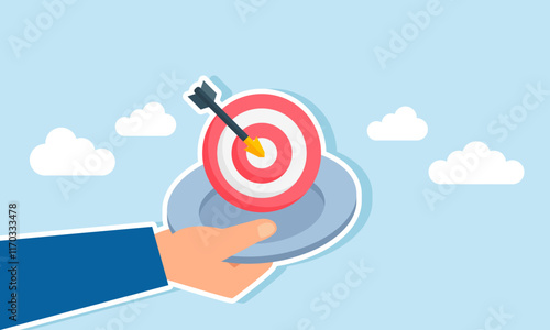 A hand holds a plate with a target board, illustration of setting business goals to drive growth